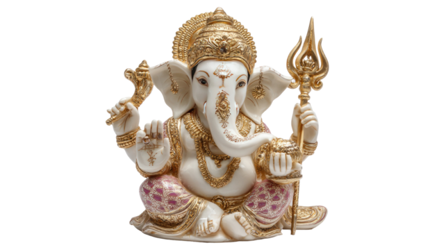 Seated Hindu deity Ganesha holding trident traditional religious sculpture illustration divine elephant god figure cultural artwork Indian mythology isolated on white background 

