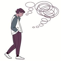 Young person walking with hands in pockets and tangled thoughts in a thought bubble above