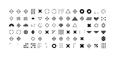 Set of 100 geometric shapes. Memphis design, retro elements for web, vintage, advertisement, commercial banner, poster, leaflet, billboard, sale. Collection trendy halftone vector geometric shapes .v
