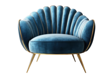 Elegant blue velvet armchair with gold trim and legs for luxury interiors on transparent background