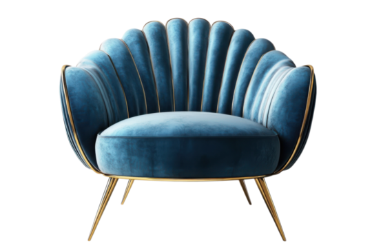 Elegant blue velvet armchair with gold trim and legs for luxury interiors on transparent background