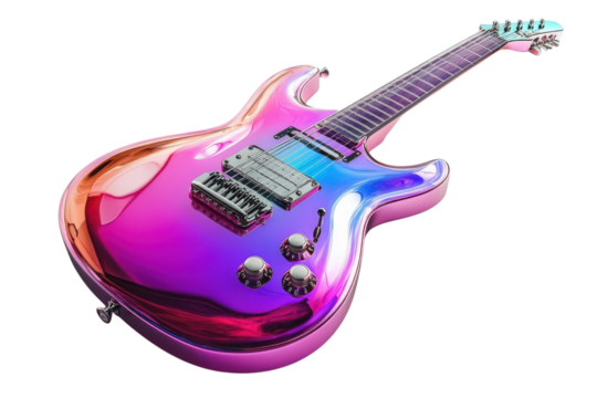 Iridescent electric guitar with a glossy finish showcasing vibrant hues of pink purple and blue tones on transparent background