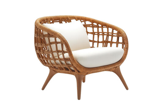 Wicker chair with white cushions offers a comfortable and stylish seating option for indoor or outdoor spaces on transparent background - Powered by Adobe