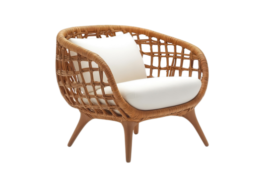 Wicker chair with white cushions offers a comfortable and stylish seating option for indoor or outdoor spaces on transparent background