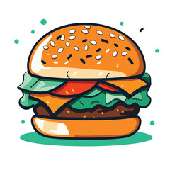 Cartoon Hamburger Illustration with Lettuce, Tomato, Cheese, and Decorative Dot Background
