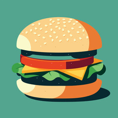 Cartoon Hamburger Illustration with Tomato, Cheese, Lettuce, and Teal Background