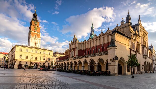 Historic square with a clock tower and arched building under a blue sky