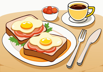 Delicious Croque Madame Sandwich Breakfast Illustration with Fried Eggs and Coffee