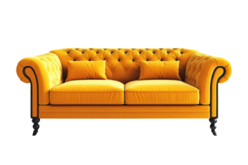 Luxurious yellow chesterfield sofa with tufted upholstery and accent pillows against a on transparent background