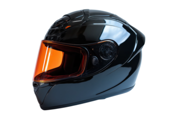 Glossy black motorcycle helmet with an orange visor provides safety for riders on the open road on transparent background