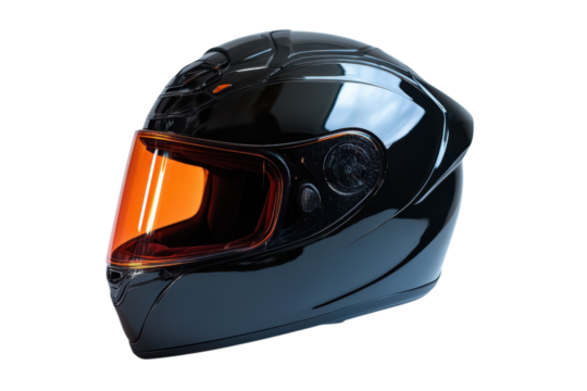 Glossy black motorcycle helmet with an orange visor provides safety for riders on the open road on transparent background - Powered by Adobe