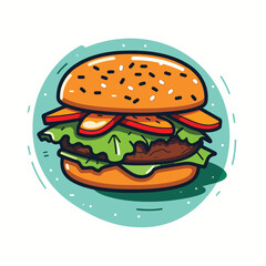 Cartoon Hamburger Illustration with Lettuce, Tomato, and Teal Decorative Background