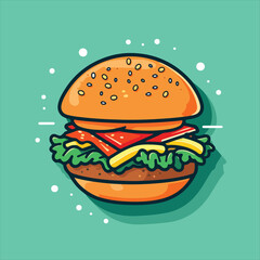 Cartoon Hamburger Illustration with Cheese, Tomato, Lettuce, and Teal Background