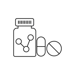 Minimal line art illustration of medicine bottle with pills and tablets. Simple medical vector design representing healthcare, pharmacy, medication, and treatment on white background.
