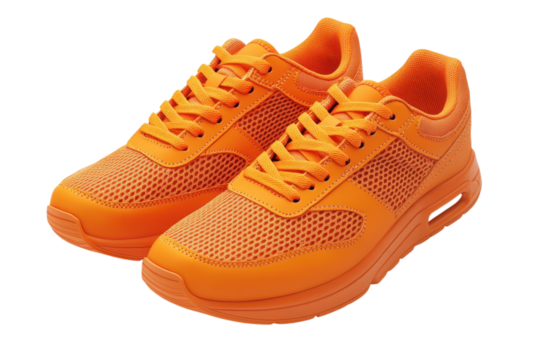 Pair of vibrant orange athletic shoes designed for running and casual wear stand out on transparent background - Powered by Adobe