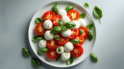 Salad Caprese with plump, red, juicy tomatoes, creamy white mozzarella cheese, and fresh green basil leaves on a crisp white plate