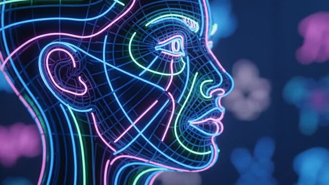 A stylized, neon wireframe of a human face in profile, with glowing pink and blue floral shapes in the background.
