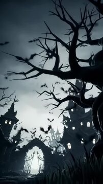 Eerie halloween night scene with a spooky haunted house, bats flying in the dark sky, and a creepy tree silhouette against the moon halloween
