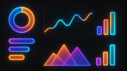 Vibrant neon graphic elements representing data visualization including pie chart, line graph, mountain chart, and vertical bar graphs. Gradient colored icons with glowing effect on black backdrop. - Powered by Adobe