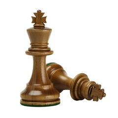 Two brown wooden chess king pieces one standing tall one fallen down on white