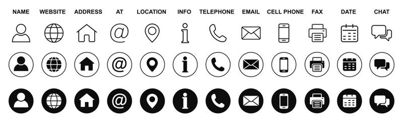 Contact icon set for business card, containing information name, website, location, address, telephone, mail and more, line and solid circle style