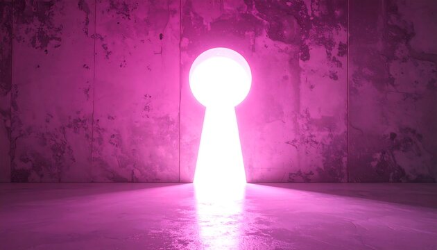 Glowing keyhole in a pink concrete wall