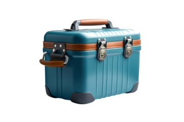 Stylish teal vintage suitcase with brown leather accents perfect for travel and storage solutions on transparent background