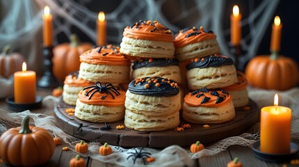 A closeup of a bunch of delicious homemade biscuits, freshly baked and slightly golden brown, placed on a rustic wooden table with a warm Halloween-themed tablecloth