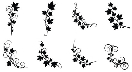 Stylized grape vine and leaf flourishes in black and white vector art