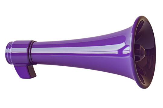 Glossy purple megaphone for announcements and promotions stands out against a design element on transparent background