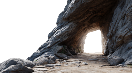 Cave entrance in rocky cliff terrain isolated die-cut 