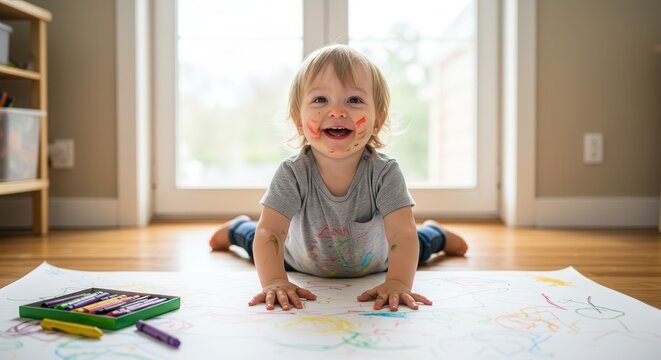 Playful child covered in colorful paint, lying on a large sheet of paper and creating art with crayons in a bright room.
