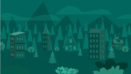 Little house in snowy hills, cozy winter scene.