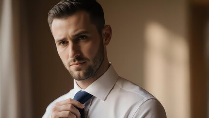 Portrait of a well-dressed man adjusting his tie, bathed in soft light