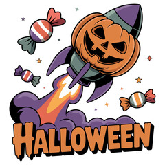 Whimsical Halloween Pumpkin Rocket Flying with Candies and Stars