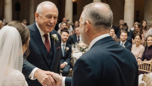 Formal indoor wedding scene. Groom greets guests with handshake, bride present, other attendees