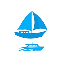 Two blue boat silhouettes on white, one sailboat and a powerboat