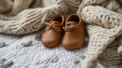 Newborn's First Steps: A pair of adorable, tiny shoes, resting peacefully on a soft, textured blanket, hinting at new beginnings and the warmth of a loving home.