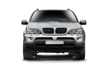 Front view of a light brown suv model car photographed against a transparent background, showcasing the vehicle's design and luxury appeal.