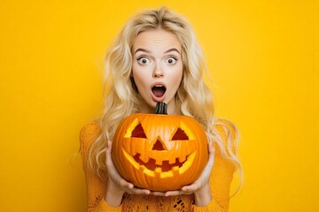 Enchanting Halloween Moment: A young woman's eyes widen in a mix of surprise and delight as she cradles a carved jack-o'-lantern, capturing the essence of Halloween.