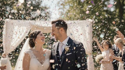 Newlyweds embrace under a confetti shower during a wedding ceremony with guests cheering
