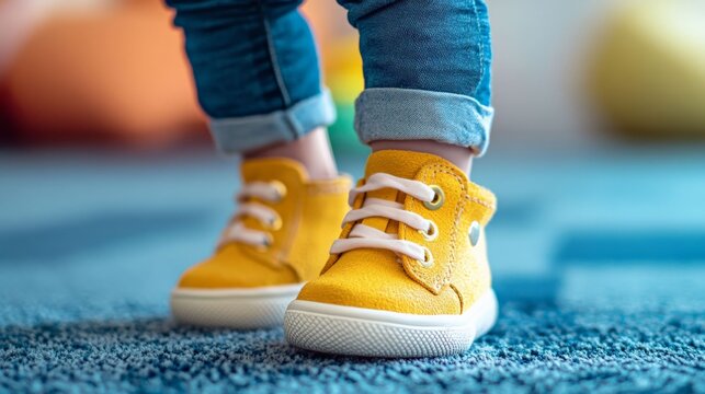 Stylish Yellow Shoes for Little Feet: A close-up shot of a child's feet in bright yellow shoes, perfectly complementing the blue carpet.