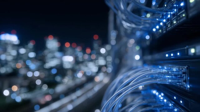 Detailed perspective of Ethernet cables locked into switch, status LEDs glowing in sequence, conveying themes of digital infrastructure and fast data exchange