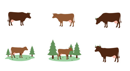 Illustrations of cows in different poses and environments a pastoral scene