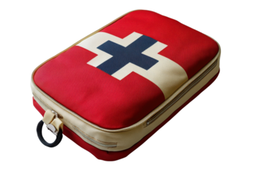 Red first aid kit with a blue cross and zipper closure for emergency medical supplies and preparedness on transparent background