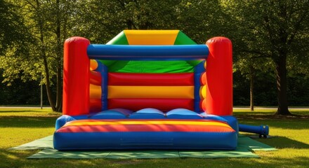 Colorful Inflatable Bouncy Castle in Park with Green Trees and Sunny Weather