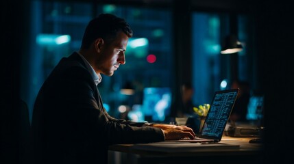Focused Work in the Late Hour: A determined individual, immersed in deep concentration, works late into the night at a modern computer, bathed in cool artificial light.