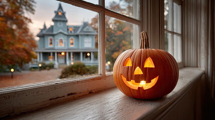 Fototapeta premium Jack o lantern glowing on window sill with spooky house outside