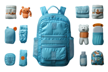 Stylish blue backpack surrounded by baby essentials like towels toys and bottles on transparent background