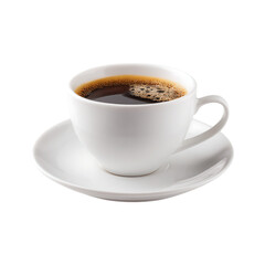 Obraz premium White ceramic cup of hot black coffee with foam on saucer isolated on transparent background
